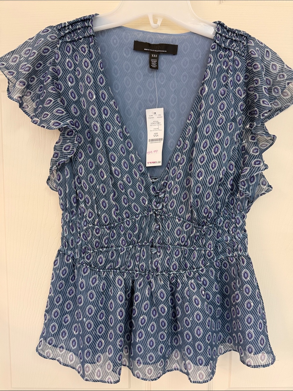 White House Black Market Blue Patterned V-Neck Ruffle Sleeve Top